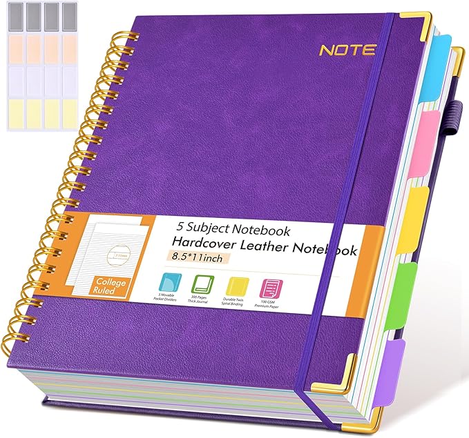 Hardcover Large Spiral Notebook 8.5" x 11" with Removable Dividers Tabs, 300 pages Leather 5 Subject Notebook College Ruled, A4 Journal for Women Men, Notebooks for Work School Note taking,Purple