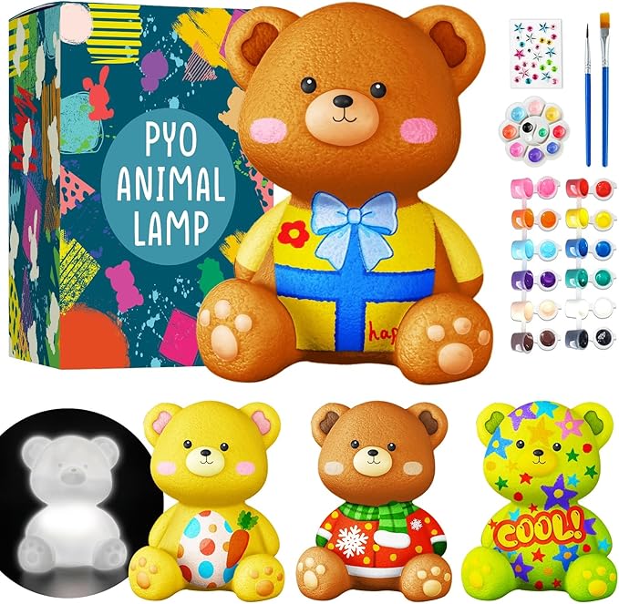 Goody King Paint Your Own Bear Lamp Kit, DIY Night Light, Arts and Crafts for Kids Ages 8-12, Art Supplies Painting kit for Kids, Room Decorations, Bear Crafts Birthday Gifts for Kids Ages 3 4 5 6 7 8