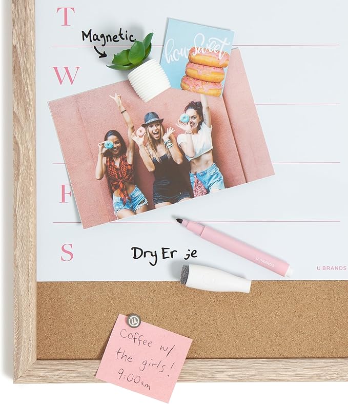 U Brands Framed Magnetic Weekly Dry Erase Calendar Combo Board, 16"x11", Wood Style Frame, Includes Magnetic Dry Erase Marker with Eraser Top, Succulent Magnet, and 2 Push Pins