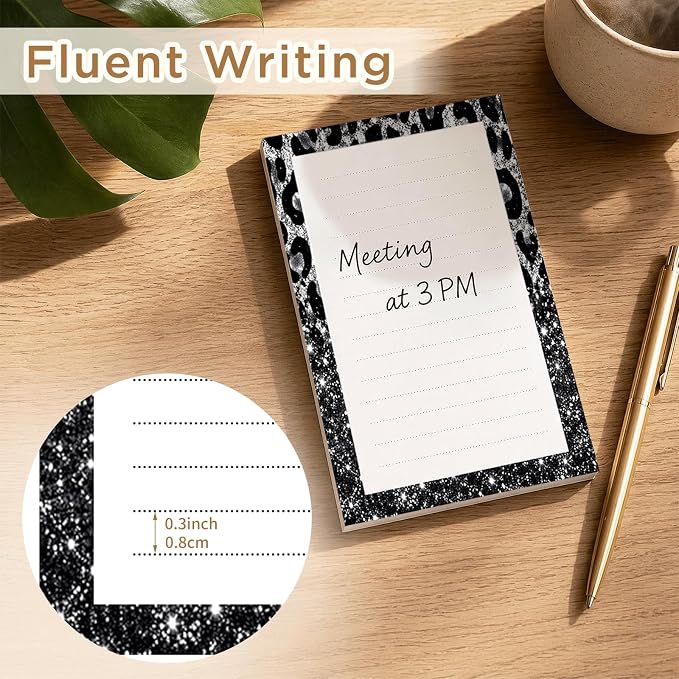 Lined Sticky Notes 4x6 in, 2 Pack Large Cute Notepads with Lines, Bright Post Memo Note Pads Big Rectangular Sticky Notes for Office Glitter Leopard