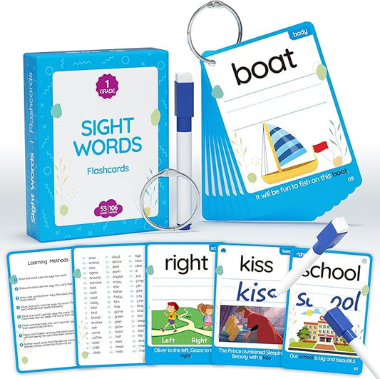 WJPC 55 Cards, 106PCS High Frequency First-Grade Sight Words Flash Cards, 1st Grade Phonics Learning Cards for 5,6,7,8 Years Ages Kids Boys, Girls Learn to Read, Write, Association, Sentence Making