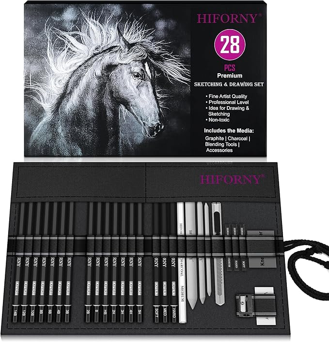 HIFORNY 28 PCS Sketching Drawing Pencil Set,Sketch Pencils Art Supplies with Graphite,Charcoal,Blending Tools,Accessories,Drawing Kit for Adults Artists in Canvas Roll Up Case