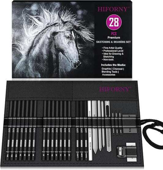 HIFORNY 28 PCS Sketching Drawing Pencil Set,Sketch Pencils Art Supplies with Graphite,Charcoal,Blending Tools,Accessories,Drawing Kit for Adults Artists in Canvas Roll Up Case