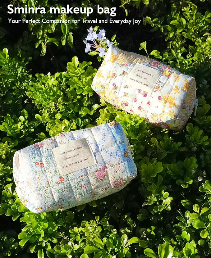 Sminra Floral Makeup Bag Small Cotton Quilted Cosmetic Bag Organizer, Aesthetic Cottagecore Preppy Portable Pouch Purse Toiletry Bag for Women Girls Travel accessories (Beige Floral-S)