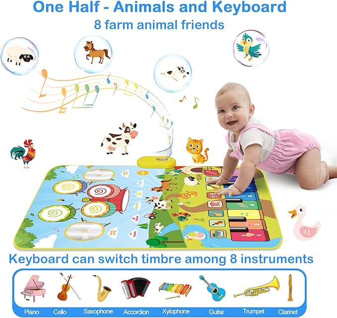 FOKI Piano Mats, 3-in-1 Animal Musical Play Mat with Piano & Drum for Montessori Sensory Early Educational Musical Learning Toys, Ideal Birthday Toy for Baby Girls, Boys, Toddlers, Ages 1-5 Years Old
