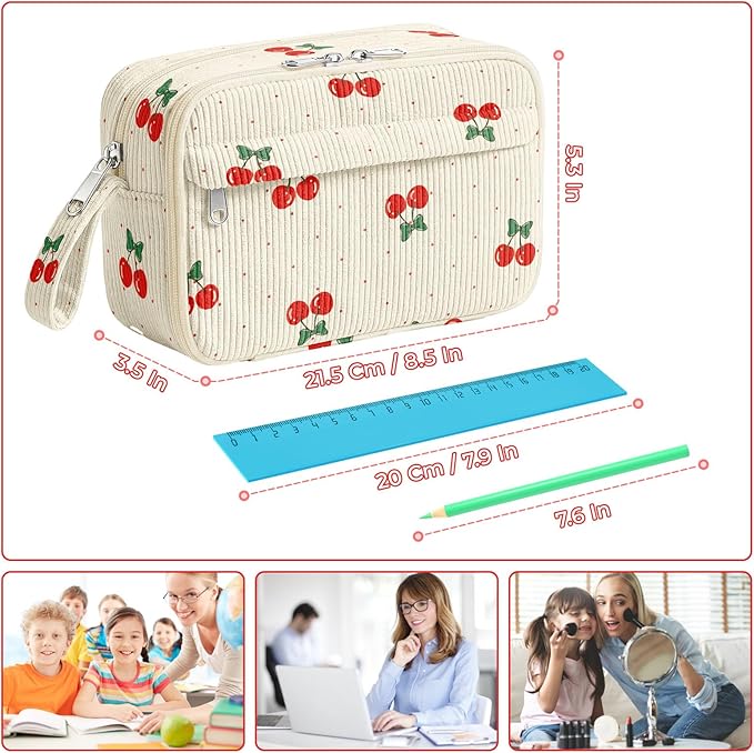 WOBAGMEN Cute Pencil Case,Large Corduroy Zippered Pencil Case Pouch, Aesthetic Pencil Bag with Compartments, Pencil Pouch School Supplies (Cherry Polka Dots)