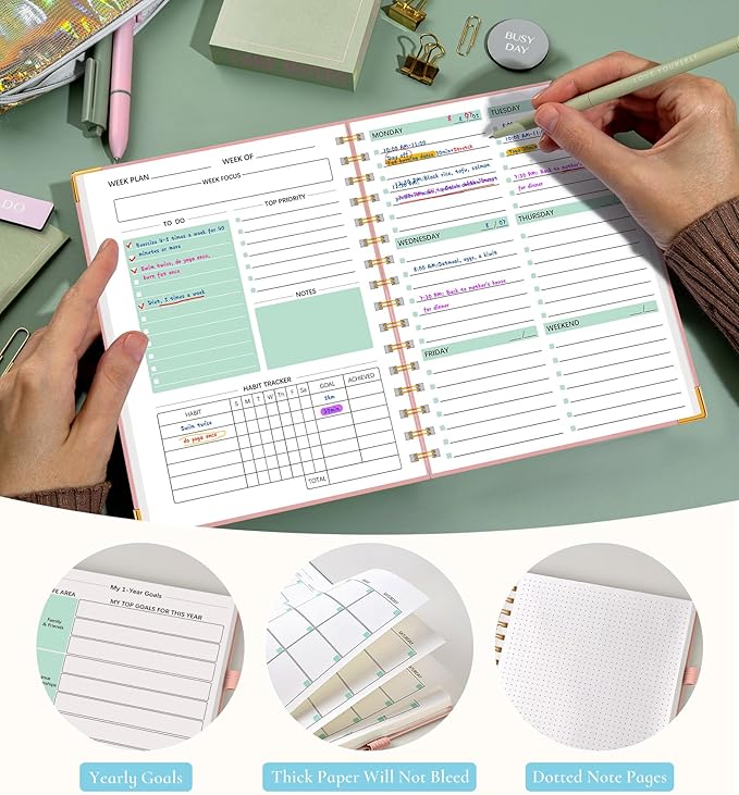 Undated Weekly Planner, Hardcover Leather Weekly & Monthly Calendar Blank Planner, To Do List Notebook with Goal & Habit Tracker Organizer, A5 Daily Planner with Spiral Binding, Ideal for Work School Home, Pink
