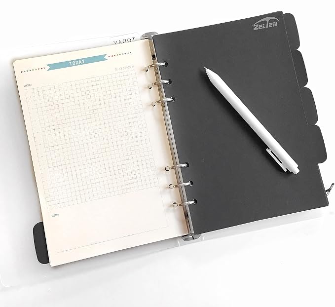 Zelten Refills/Loose Leaves for A5 Cover Ring Binder/Personal Organizer/Planner(A5 6 Holes, Divider Horizontal Black Paper)