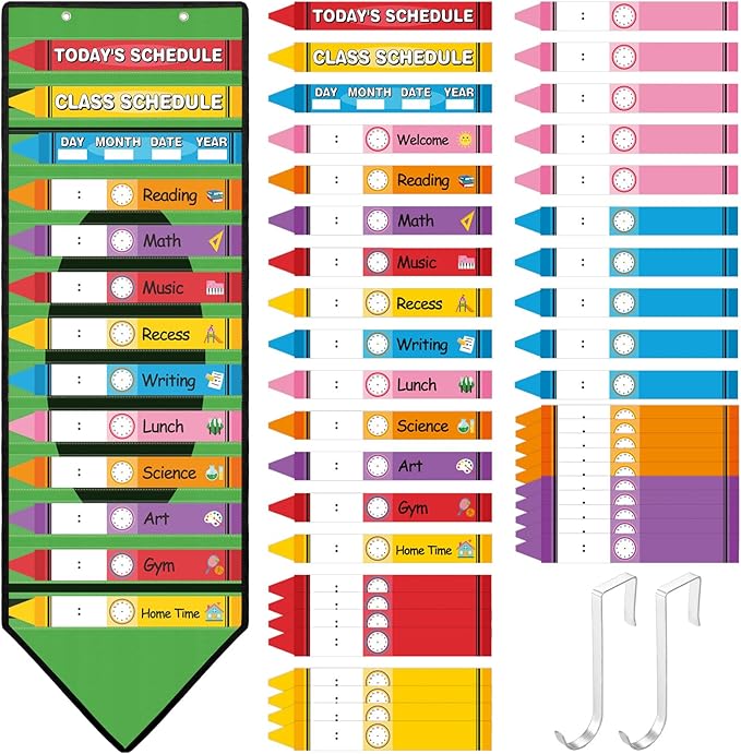Fullhawl 45 Pcs Crayon Theme Daily Schedule Pocket Chart for Classroom, 13+1 Pockets Kids Schedule Teaching Scheduling Pocket Chart with Cards for Back to School Classroom Decoration