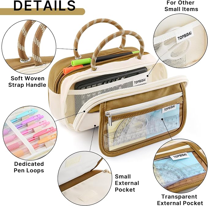 TOPBIDAI Large Pencil Case Pouch School Supplies for Girls Boy Women Men | Big Pencil Bag with 5 Compartments, Easy Grip Handle, Office College School Pencil Box
