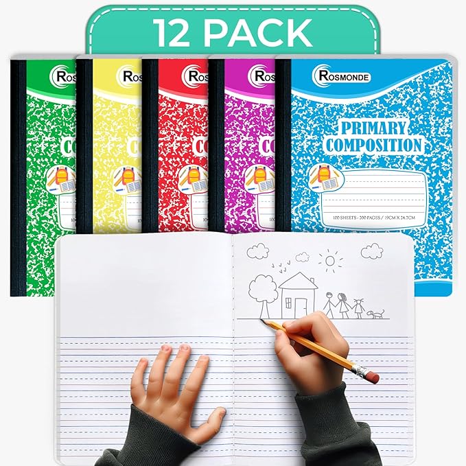 Rosmonde Composition Notebooks Primary Ruled, 12 Pack, 200 Pages (100 Sheets), Draw and Write Journal, Bulk Primary Composition Notebooks, Grades K-2, Hard Cover, Assorted Colors, Colors May Repeat