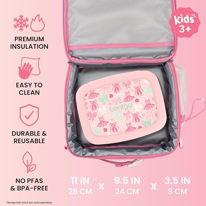 Bentgo Kids Prints Double-Insulated Reusable Lunch Bag | For Kids 3+, Adjustable Strap; Holds Lunch Box/Water Bottle/Snacks; Easy-Clean, Water-Resistant, Pockets (NEW Ballet & Bows)