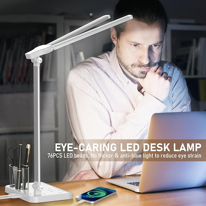 CHARYJOD LED Desk Lamp for Home Office, Eye-Caring Desk Light with USB Adapter, 10W 50 Lighting Modes Foldable Dual Swing Arm Architect Table Lamp Light for Reading, Study, Workbench, 45min Timer