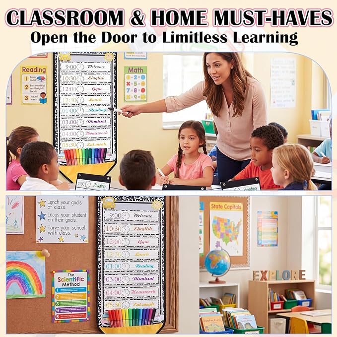 Marspark Daily Schedule Pocket Chart 8+1 Classroom Visual Schedule with Dry Eraser Card Reusable Reversible Chart Welcome Back to School Decorations for Classroom Home Office School Activity