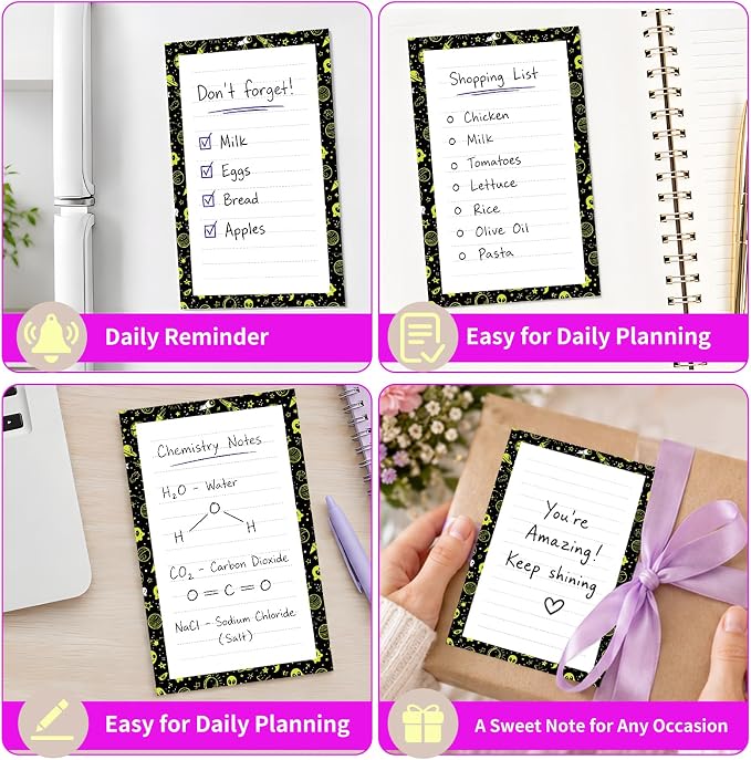Lined Sticky Notes 4x6 in, 2 Pack Large Cute Notepads with Lines Self-Stick Note Pad, Funny Memo Pads Strong Adhesive for Office, Home Black Green Aliens