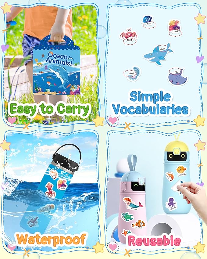 Benresive Reusable Sticker Book for Toddlers, Travel Stickers for Kids, Toddler Crafts Activities Toys, Birthday Gifts for Boys & Girls - Ocean Animals