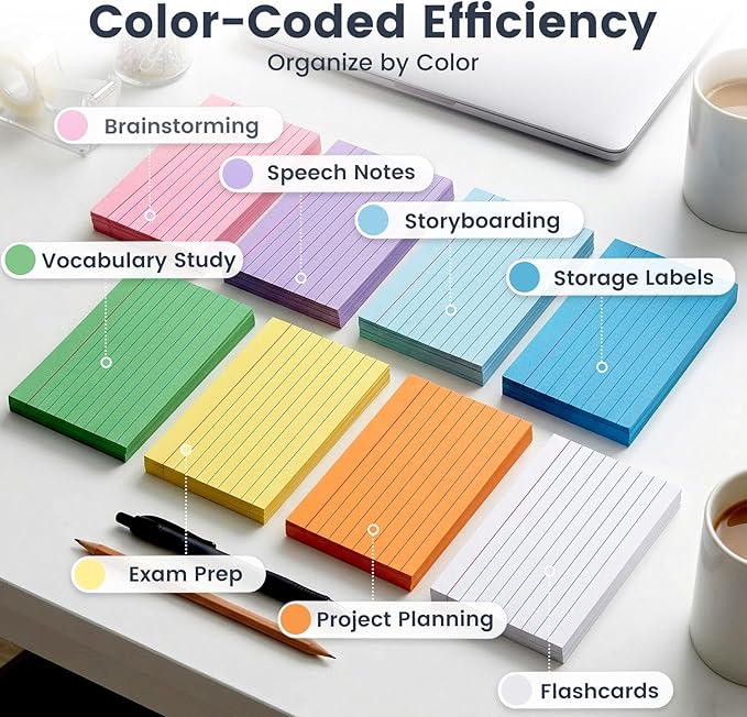 300Count Colored Index Cards 3x5, Ruled & Blank Flash Cards 8 Color Portable Note Taking, School Supplies for Students, Teachers, College, Study Organizing Notes