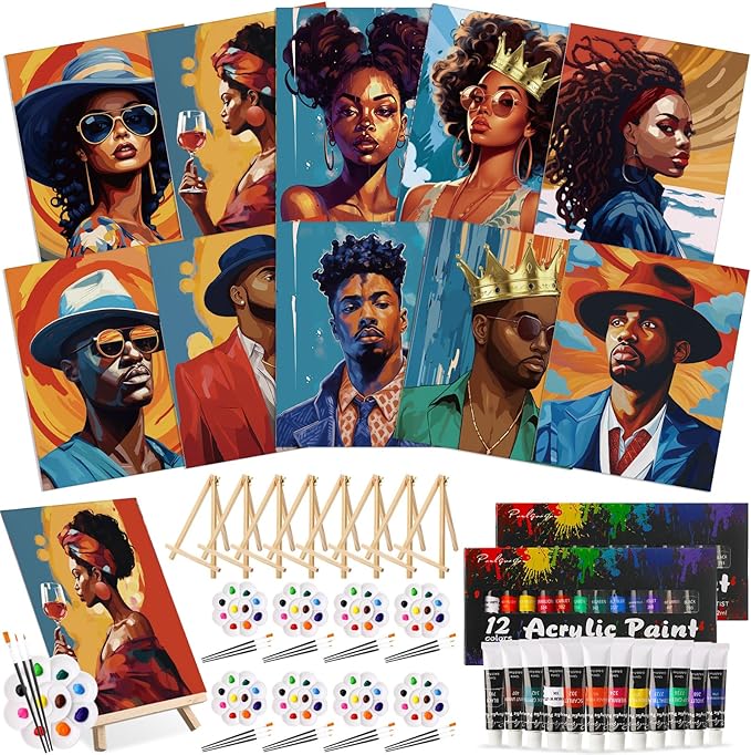 Ctosree 72 Pcs Couple Paint and Sip Kit for Adults 8'' x 10'' Pre Drawn Canvas for Painting DIY Pre Printed Canvas for Party Favor Acrylic Painting Kit Wood Easel Brushes Date Night Bulk