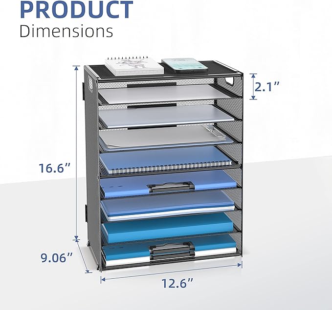 DALTACK 9-Tier Paper Organizer for Desk, Mesh Letter Tray Desk Organizer with Handles, Space-Saving File Organizer for Office Home School Classroom, Black