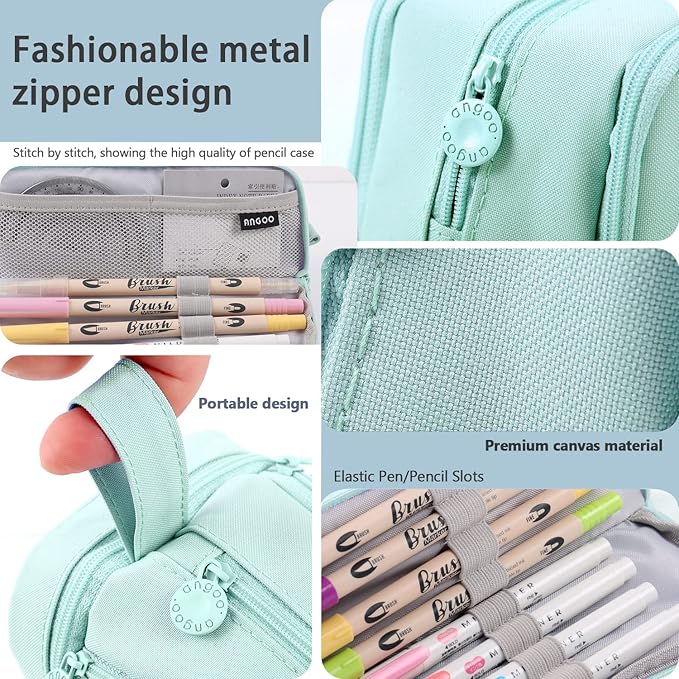 Large Capacity Pencil Case 4 Compartments, Pencil Pouch Bag with Zipper Portable Handle, Pen Case Bag Stationery Organizer for Office College School Adults Teen Girls Boys Men Women, Light Green