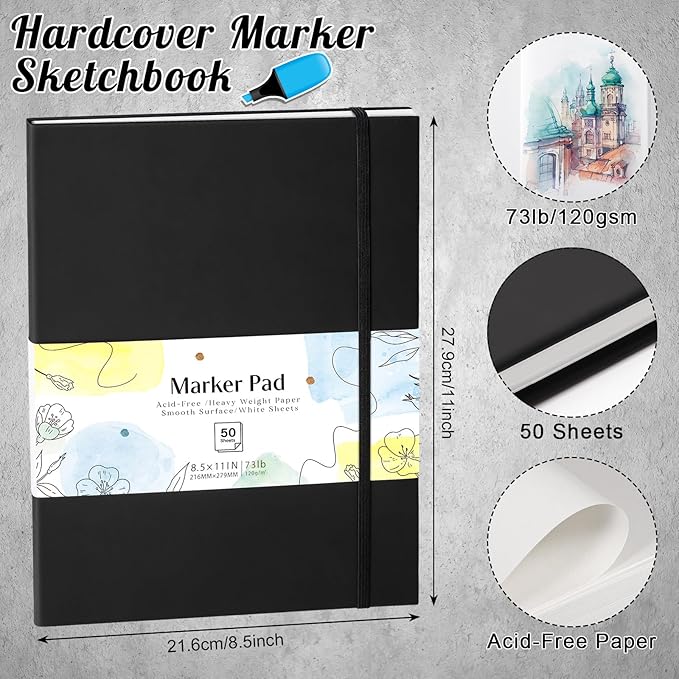 50 Sheets Hardcover Marker Paper Pad, 8.5x11in Alcohol Marker Paper Sketch Pad, 73lb/120gsm Heavyweight Spiral Sketch Book, Painting Coloring Drawing Book for Beginners Artists Ideal Gift