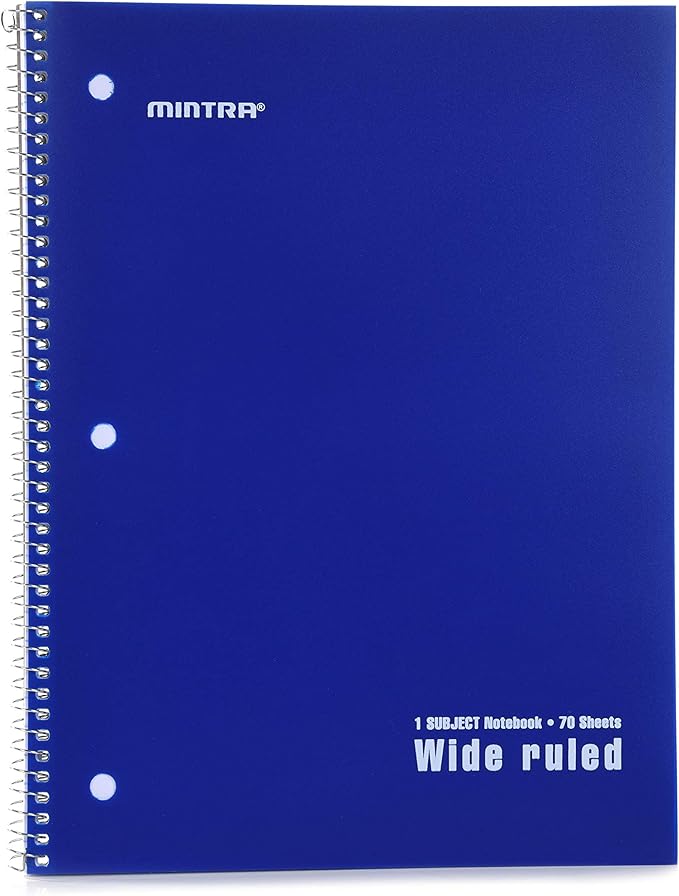 Mintra Office Spiral Notebooks Set - Primary Colors, Wide Ruled, Poly Waterproof Covers, Journals for School, Work, Business, Writing Pads, Teacher & Student Supplies, 70 Sheets Each, 6-Pack