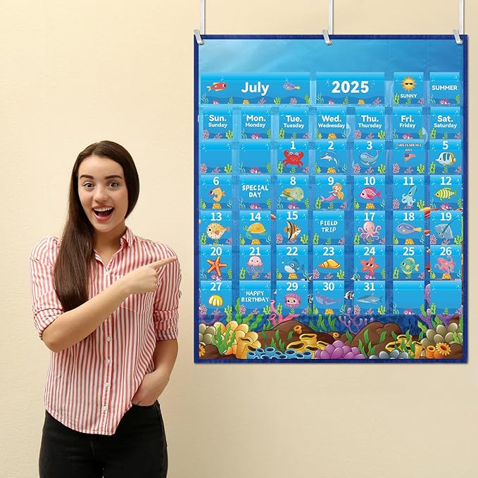 Weysat Classroom Calendar Pocket Chart Set Calendar Bulletin Board with Pocket Bulletin Board Season Festival Weather Date Chart for Preschool Elementary School Teacher Supplies(128 Pcs,Sea Animals)