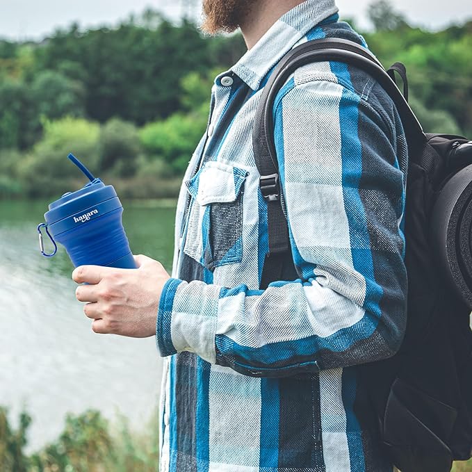 HANARA Collapsible Cup with Reusable Straw – 18 Oz (550 Ml), Portable Travel Mug, BPA-Free, Leak-Proof, Microwave & Dishwasher Safe, Multi-Purpose for Hot & Cold Drinks – Sky Blue