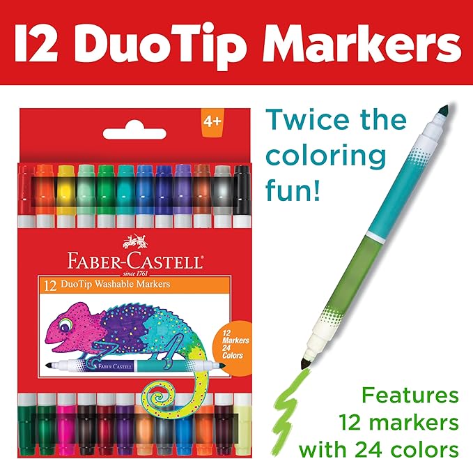 Faber-Castell DuoTip Washable Markers - 12 Markers, 24 Colors | Great for Spring Crafts (Ages 4+)