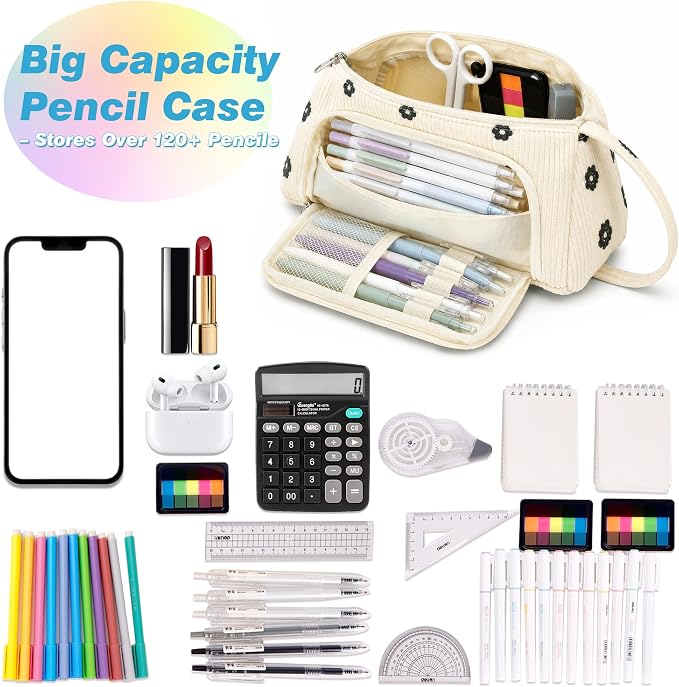 Big Capacity Pencil case,Soft Corduroy Pencil Bag with 3 Compartment Pouch Bag for School Supplies Office for Teen Girls Boys Women Man (Black Floral)