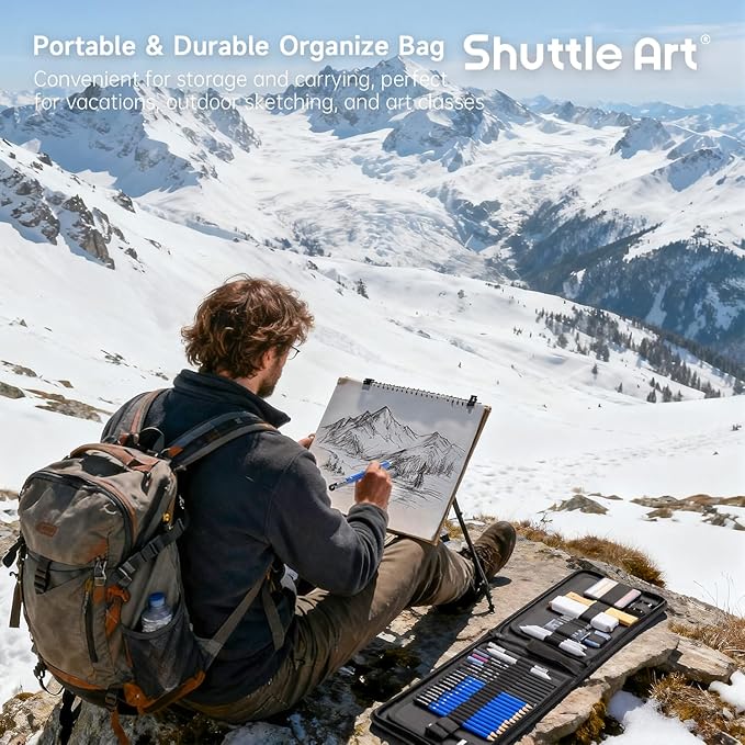 Shuttle Art 52 Pack Drawing Pencils Set, Professional Art Kit with Graphite Charcoal Sticks, Drawing Pad in Portable Case, Ideal for Kids and Adults Artists