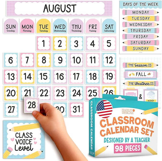 Classroom Calendar Set Bulletin Board Decor – 98 pcs School Calendar for Classroom Elementary & Preschool, Bulletin Board Decorations with Weather Chart & Seasons, Pastel Teacher Must Haves