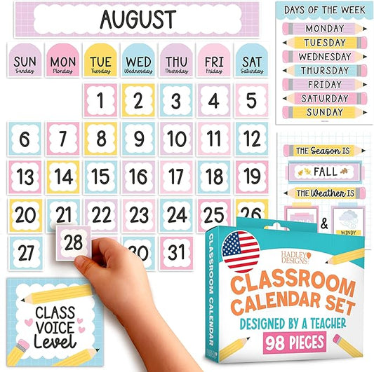 Classroom Calendar Set Bulletin Board Decor – 98 pcs School Calendar for Classroom Elementary & Preschool, Bulletin Board Decorations with Weather Chart & Seasons, Pastel Teacher Must Haves