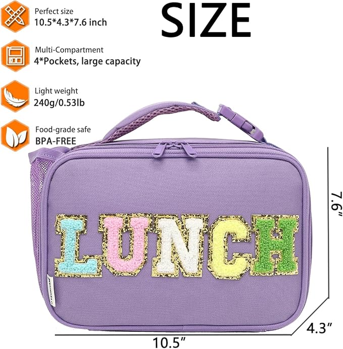 GYEUKHAM Insulated Lunch Box for School, Thermal Reusable Durable Freezable Lunch Bags for Kids Boys Girls Men Women - Small Soft Cooler Portable Lunch Tote Kit for Work Picnic Travel,Purple Alphabet