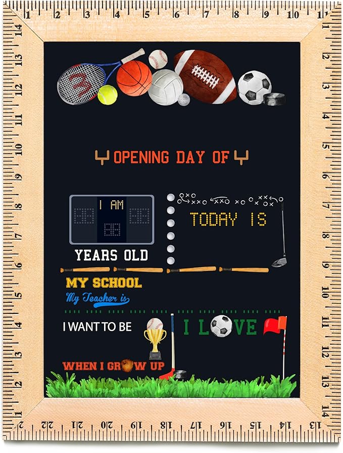 First Day of School Sign (11.5"x15"), Reusable Chalkboard, Easy to Clean with Real Wooden Ruler Frame, Perfect for Back to School, First Day of Kindergarten (Sports)