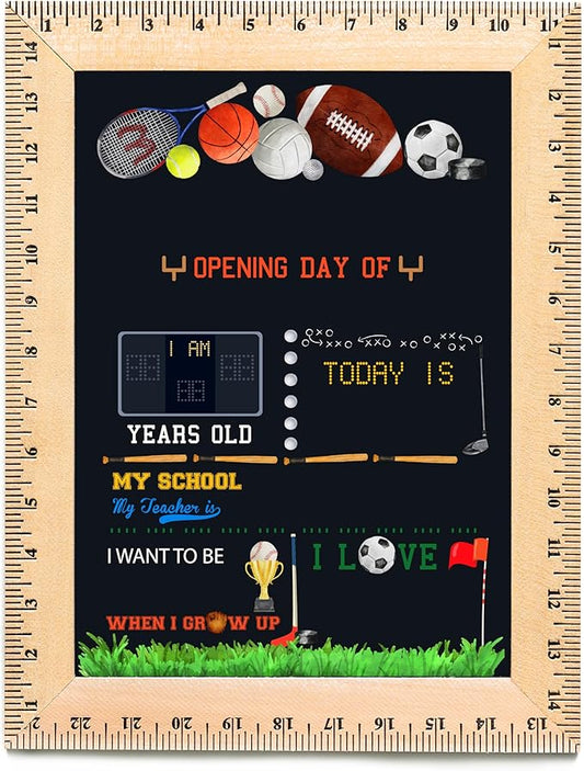 First Day of School Sign (11.5"x15"), Reusable Chalkboard, Easy to Clean with Real Wooden Ruler Frame, Perfect for Back to School, First Day of Kindergarten (Sports)