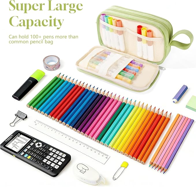 Corduroy Pencil Case, Large Capacity Pencil Pouch with 4 Compartments, Cute Soft Aesthetic Stationery Pen Bag Organizer with Zipper, Portable School Supplies for Teen and Adult Girls, Grass Green