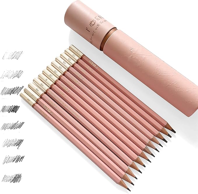 L'oeil Professional Soft Graphite Sketching Pencils Set of 12 (Selected 3H-10B) in Incense Cedar Wood for Pencil Drawing, Sketching, Shading for Beginners & Pros (Pink)