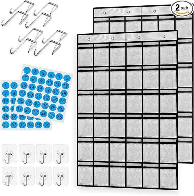 36 Pocket Charts for Classroom Cell Phones, 36 Clear Pocket Charts with Numbered Stickers, Classroom Hanging Cell Phone Organizer, Hangs on Wall, Door Storage Hooks (White) (White-2pack)