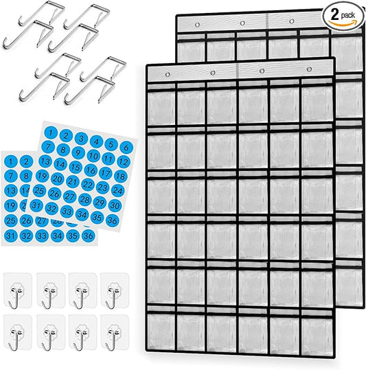 36 Pocket Charts for Classroom Cell Phones, 36 Clear Pocket Charts with Numbered Stickers, Classroom Hanging Cell Phone Organizer, Hangs on Wall, Door Storage Hooks (White) (White-2pack)