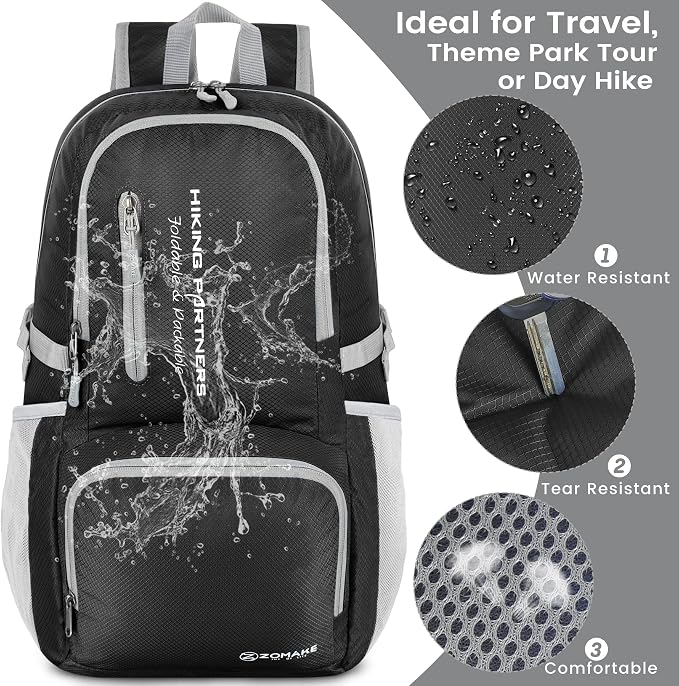 ZOMAKE Lightweight Packable Backpack, Water Resistant Foldable Daypack 35L | Light Hiking Backpacks Collapsible Day Pack for Travel, Everyday Carry, Multi Compartment Storage, Adjustable Strap (Black)
