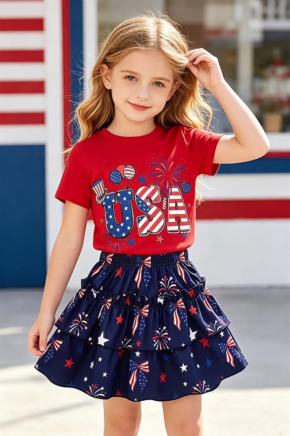 Little Girls Skirt Set - 2 Piece Short Sleeve Top Shirred Tiered Skirt Outfit Girls Spring Summer Clothes 3-8 Years