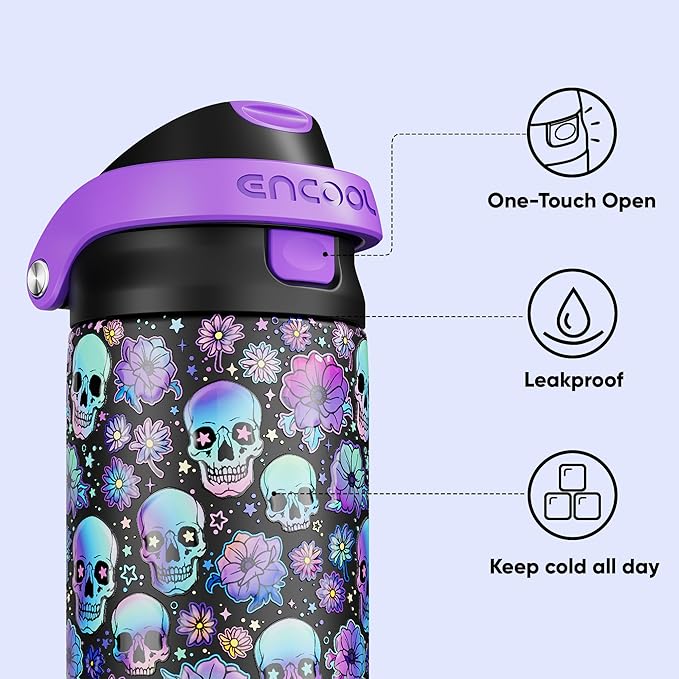 Encool SwiftSip Insulated Stainless Steel Water Bottle with Straw - Leak Proof Sports Water Bottle for School, Travel, Keeps Cold All Day, One-Touch Flip Lid, BPA-Free, 24 oz, Floral Afterlife
