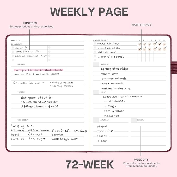 And Per Se Undated Planner, Weekly & Monthly Planner with Goal & Habit Tracker, A5 Leather Hardcover Productivity Journal for Academic Year (Dark Red)