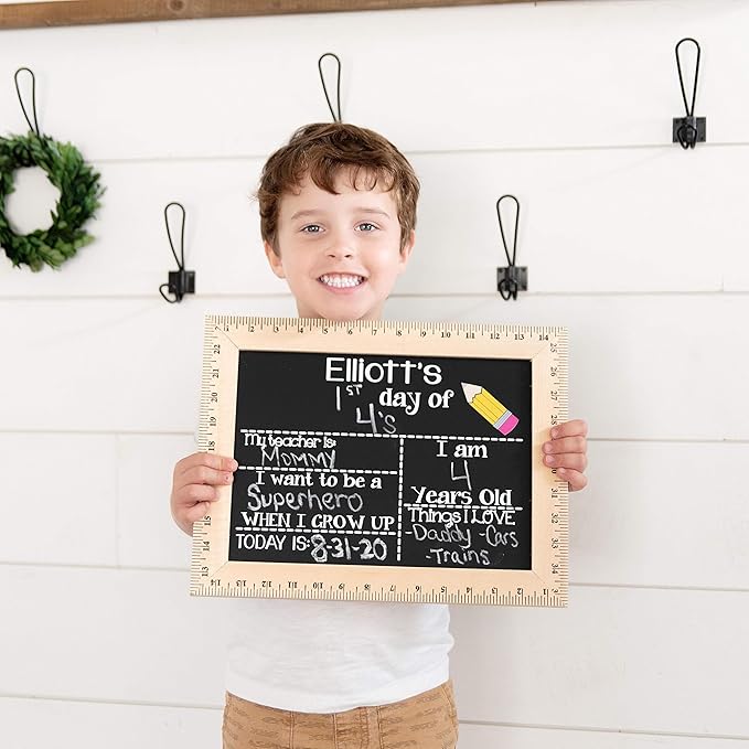 First Day of School Sign (15"x11.5"), Easy-to-Clean with Real Wooden Ruler Frame, Handmade in USA by Bloom Owl, Perfect for Back to School Framed Chalkboard, 1st Day of Kindergarten, Pencil Design
