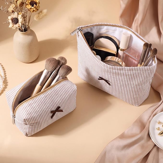 Huhumy 2 Pcs Bow Tie Makeup Bag Set, Stripe Cosmetic Pouch for Women, Seersucker Travel Toiletry Bag, Preppy Makeup Purse Pouch, Aesthetic Skincare Brushes Storage Organizer for Women Gifts (Khaki)
