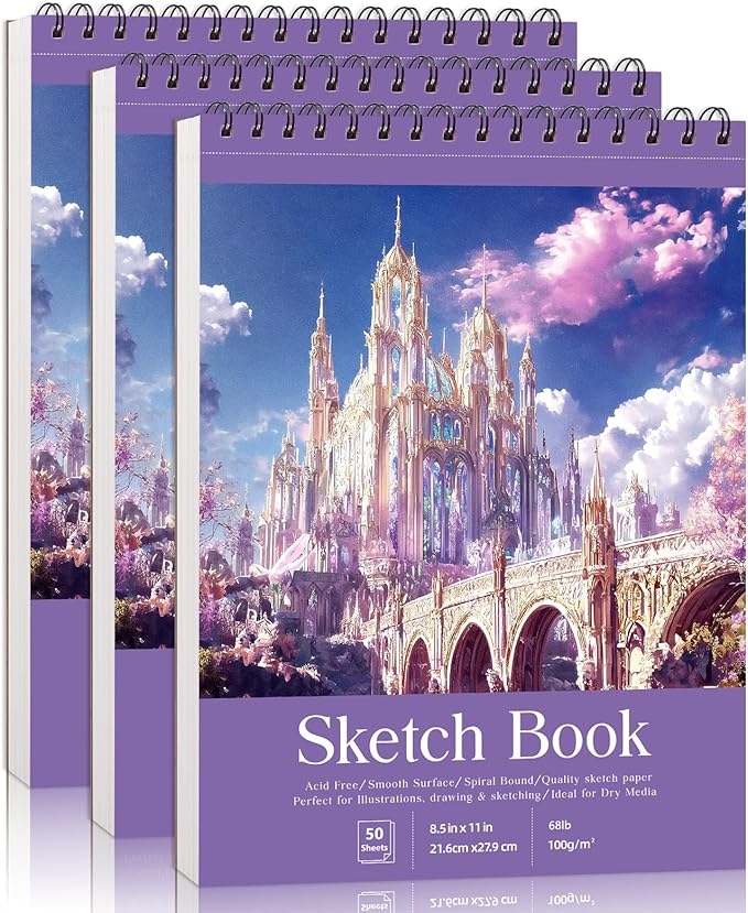Prudiut Sketch Book 3 Pack, 8.5X11In Violet Spiral Bound Sketch Pad, 50 Sheets 68lb/100gsm Acid-Free Paper, Sketchbooks for Drawing Women Artists, Dry Media Charcoal Pencil Art Supplies Portfolio