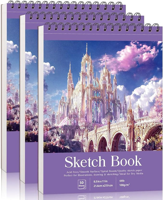 Prudiut Sketch Book 3 Pack, 8.5X11In Violet Spiral Bound Sketch Pad, 50 Sheets 68lb/100gsm Acid-Free Paper, Sketchbooks for Drawing Women Artists, Dry Media Charcoal Pencil Art Supplies Portfolio