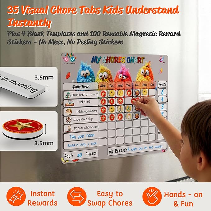 Mimi Doodle Magnetic Chore Chart for Kids – 16x12 Dry Erase Daily Responsibility Board for Fridge with 39 Chore tabs, 100 Reward Stickers – Behavior Chart for Kids at Home – Birds Theme