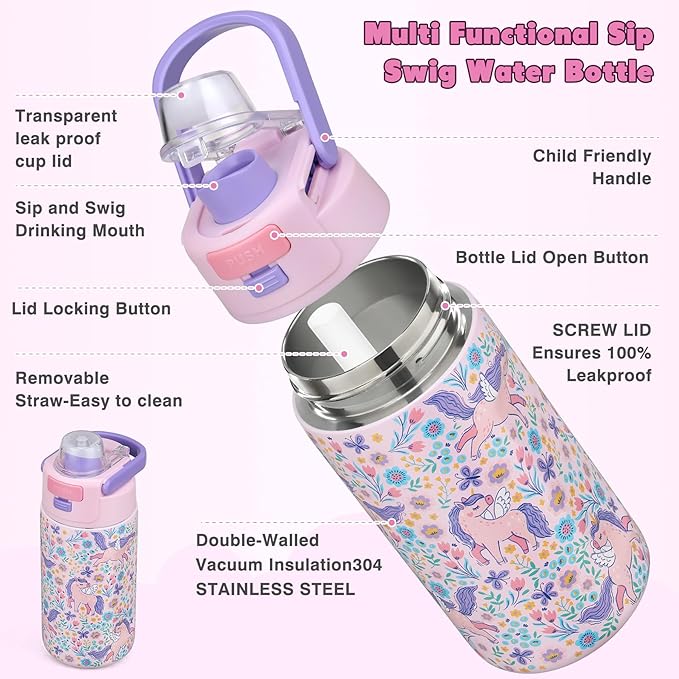 Bento Lunch Box for Kids with 7oz Soup Thermo,Insulated Stainless Steel Kids Water Bottle with Straw and Insulated Lunch Bag,Leak-Proof Lunch Food Container with Ice Pack for School (Pink-Horse)